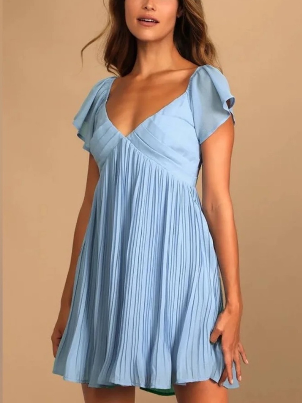 Lulus Blue Pleated Flutter Sleeve Mini Dress Womens